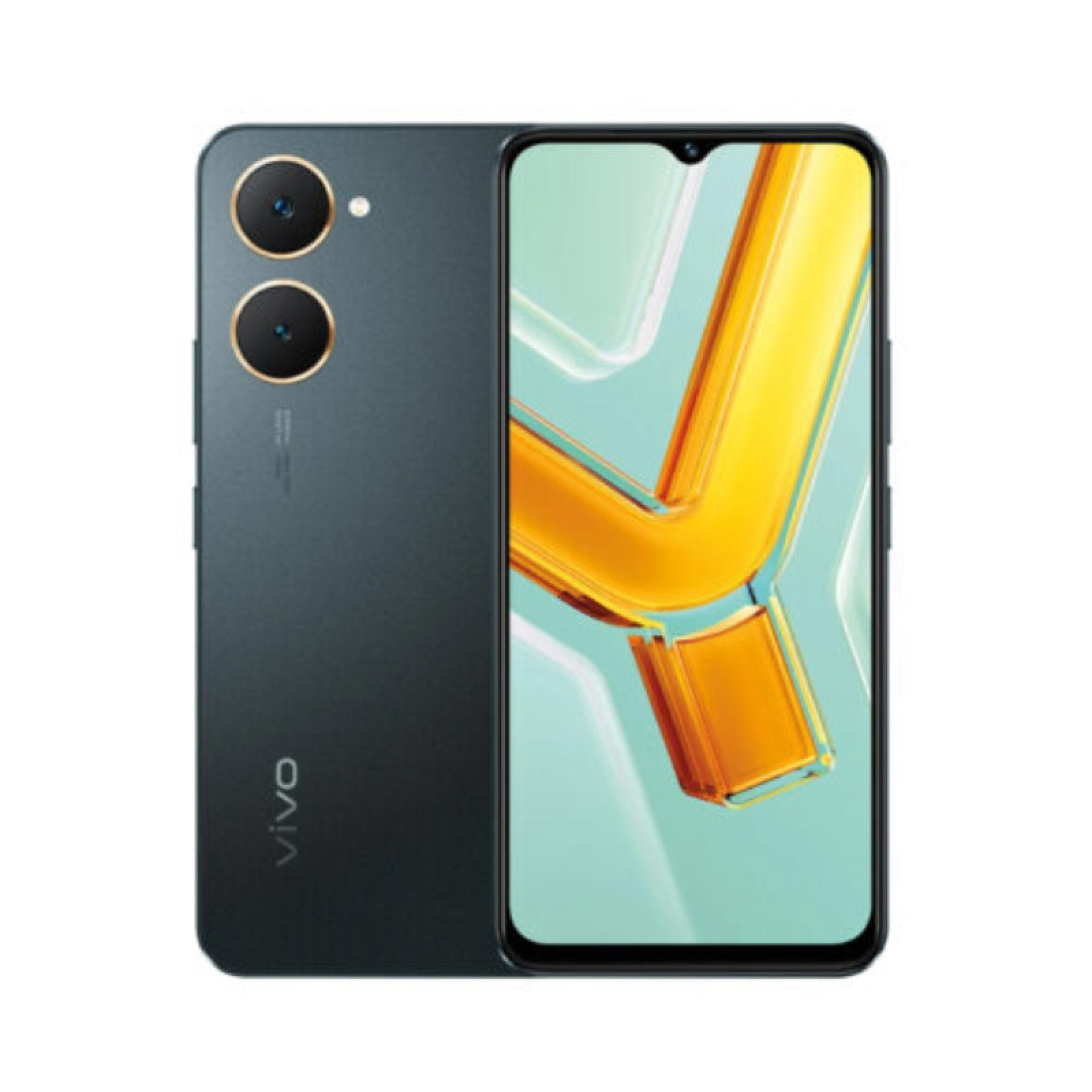 vivo Y03 in Space Black, back with the twin-ring camera and the 6.56-inch screen showing a gold V wallpaper